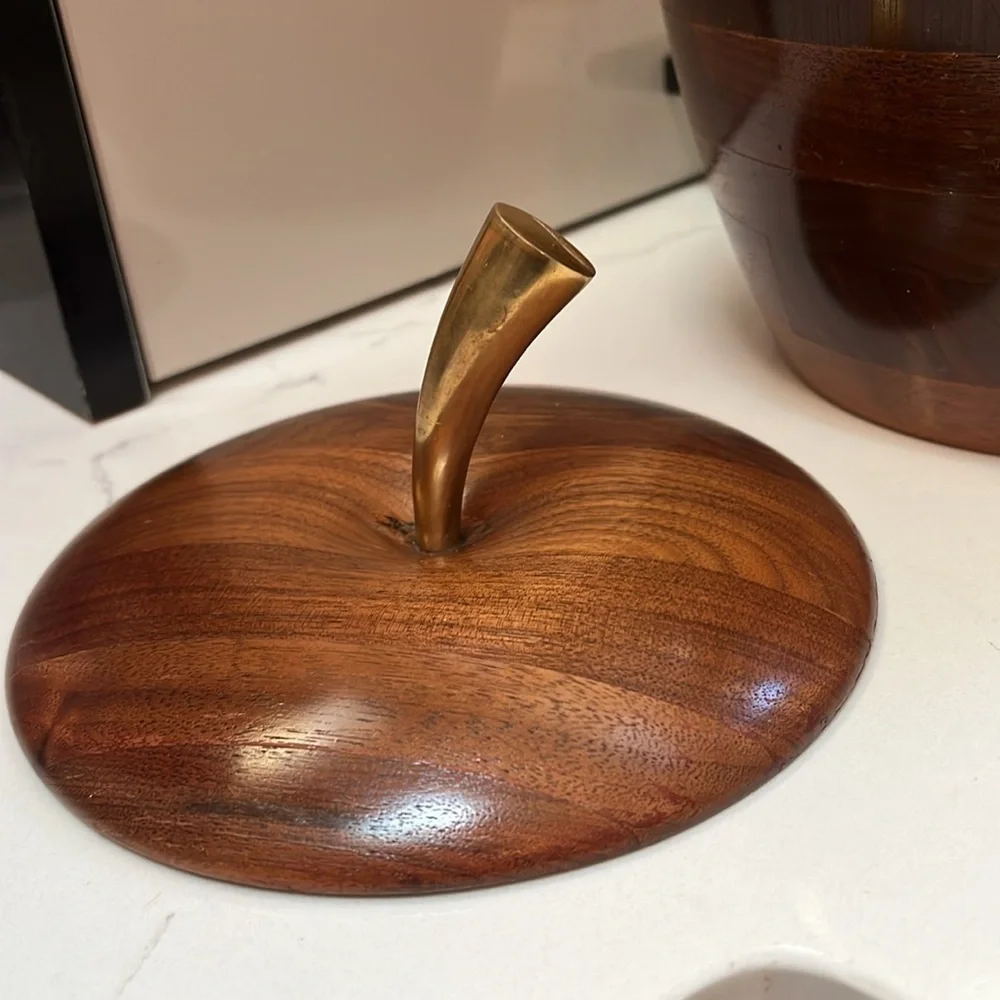 MCM Vintage Large Solid Walnut Ice Bucket Apple Shaped Brass Top